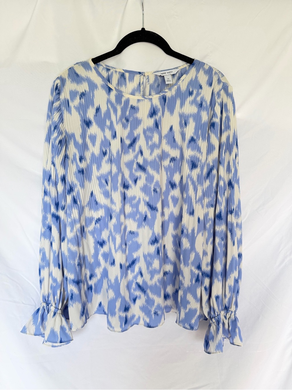 Nine West Blue & White Printed pleated long Sleeve Blouse